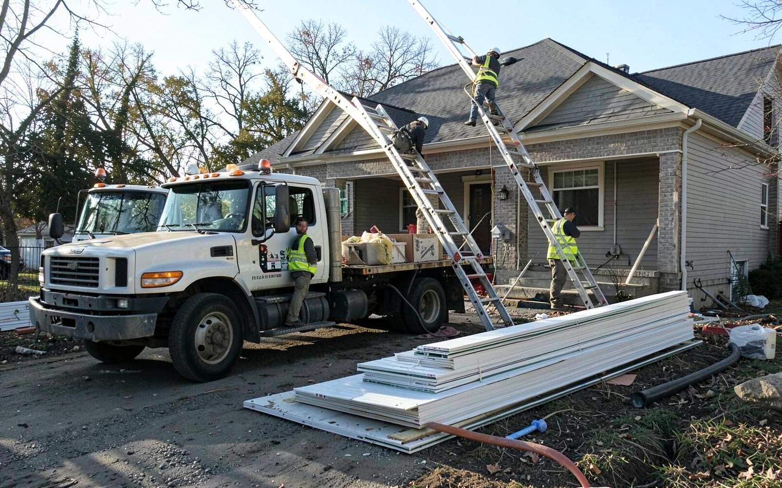 A Collins Siding style crew truck, ladders and stacked siding panels at a Rapid City home mid-project