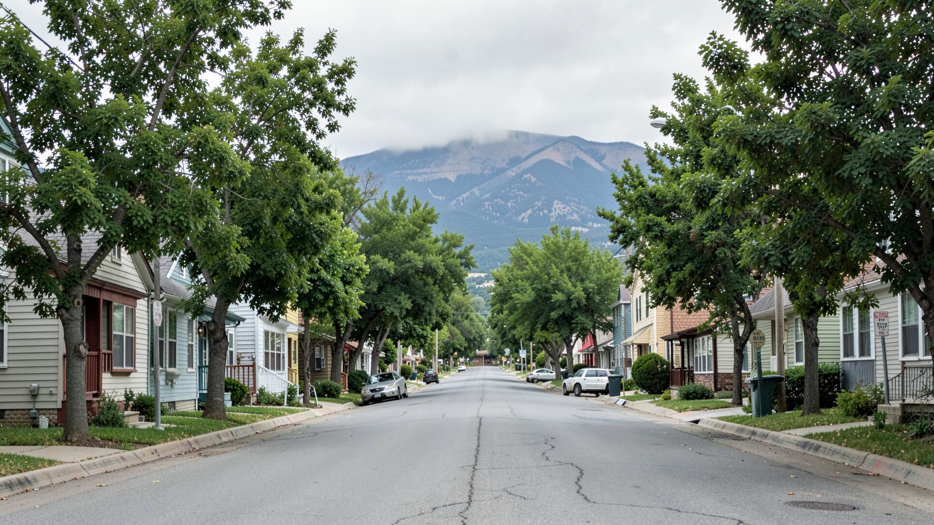 A tree-lined residential street of Rapid City homes with the Black Hills on the horizon