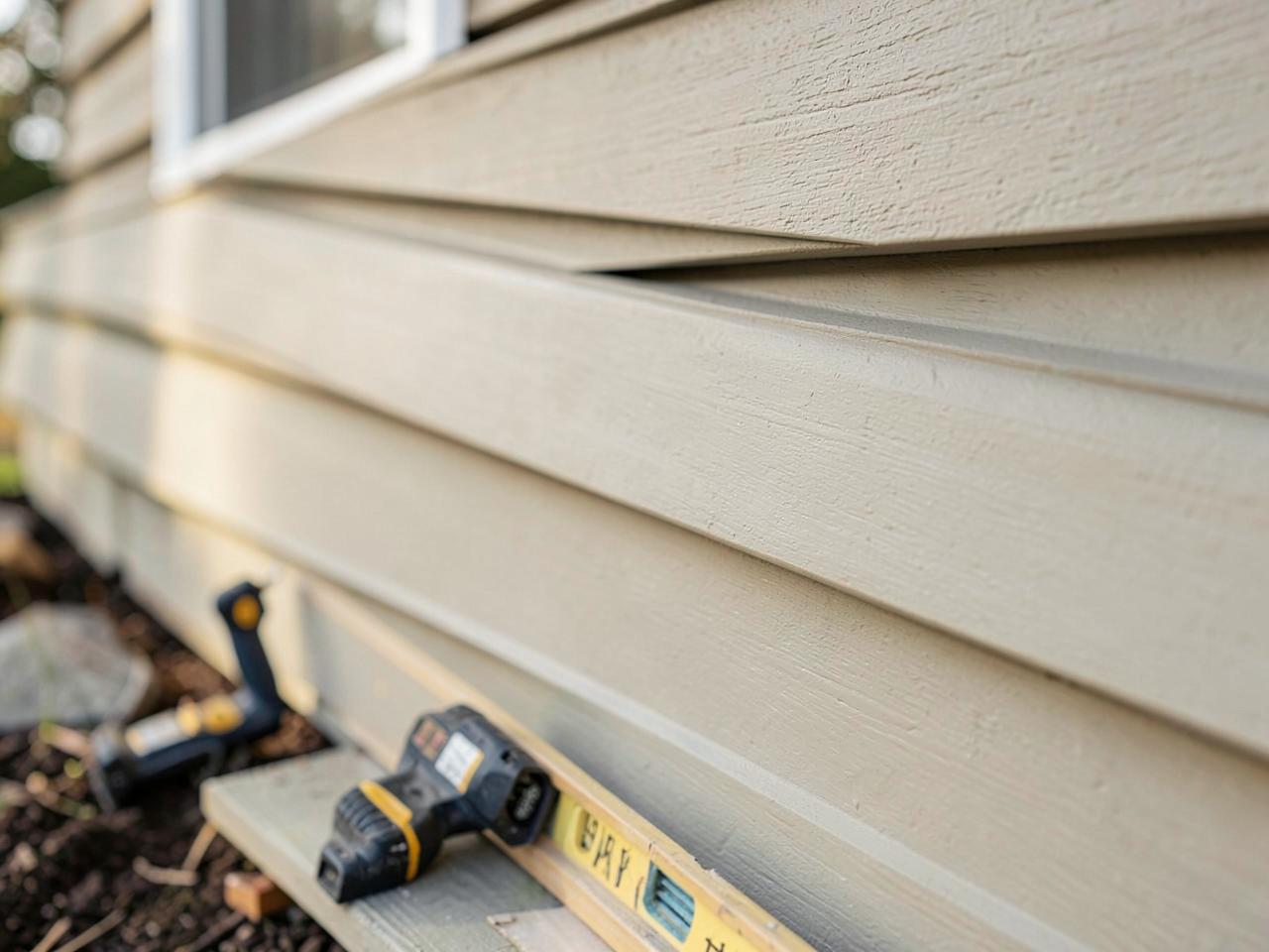 New lap siding boards installed on a house wall with a level and tools resting below